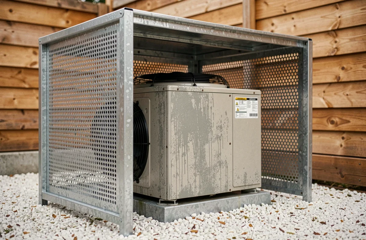 Gros plan sur une pompe à chaleur air-air sous un abri en acier galvanisé avec panneaux perforés dans un jardin