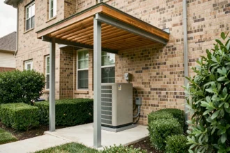 Pompe à chaleur extérieure protégée par un abri en bois installé contre un mur en brique d'une maison moderne