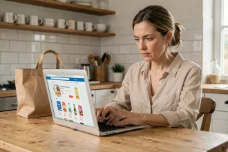 Femme comparant les prix sur le site Carrefour en ligne depuis sa cuisine avec un ordinateur portable