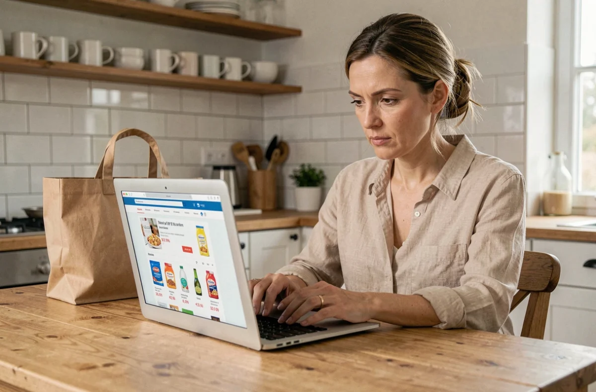 Femme comparant les prix sur le site Carrefour en ligne depuis sa cuisine avec un ordinateur portable