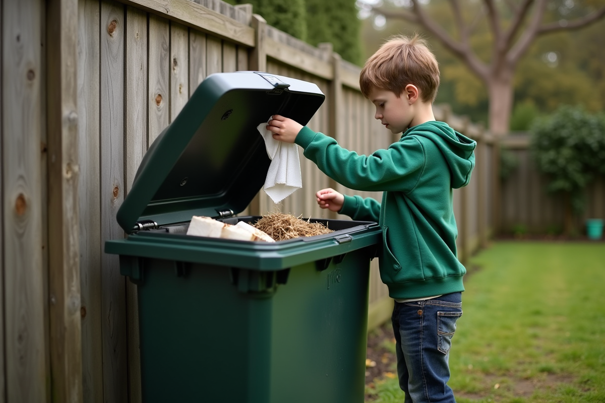 Adolescent en hoodie vert déposant un papier dans le compost