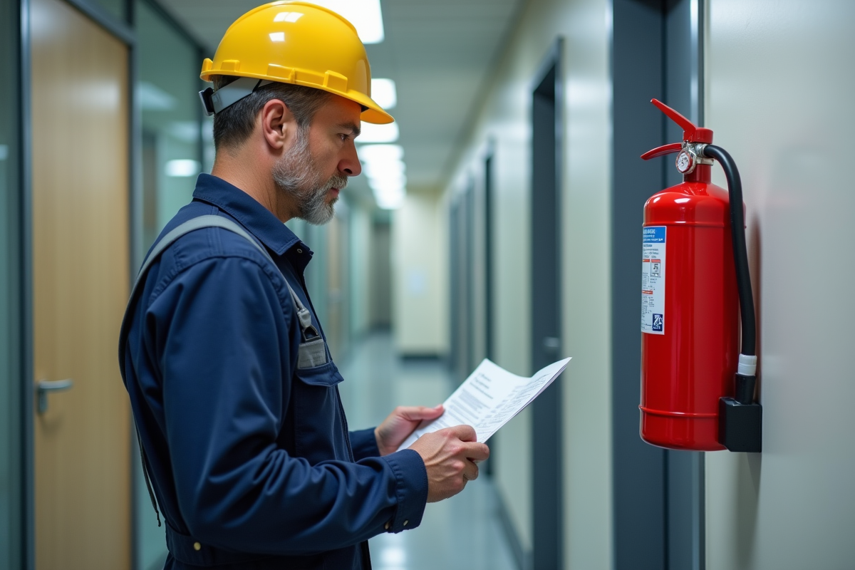 Agent de sécurité inspectant un extincteur rouge dans un bureau