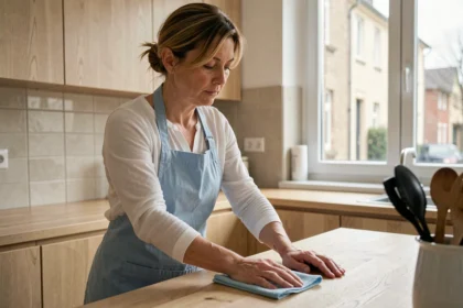 Femme auto-entrepreneur en aide ménagère nettoyant un plan de travail dans une cuisine moderne