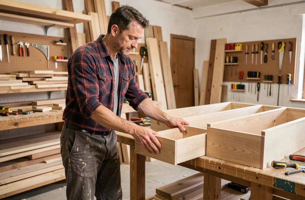Alexandre Le Roux, artisan cuisiniste du Finistère, travaillant sur un meuble de cuisine en chêne dans son atelier