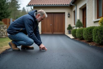 Allée de maison en enrobé drainant gris foncé avec texture poreuse visible, propriétaire inspectant la surface perméable