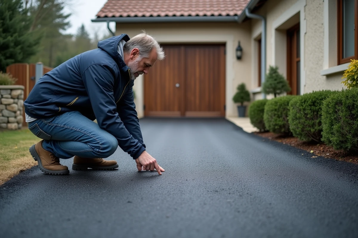 Allée de maison en enrobé drainant gris foncé avec texture poreuse visible, propriétaire inspectant la surface perméable