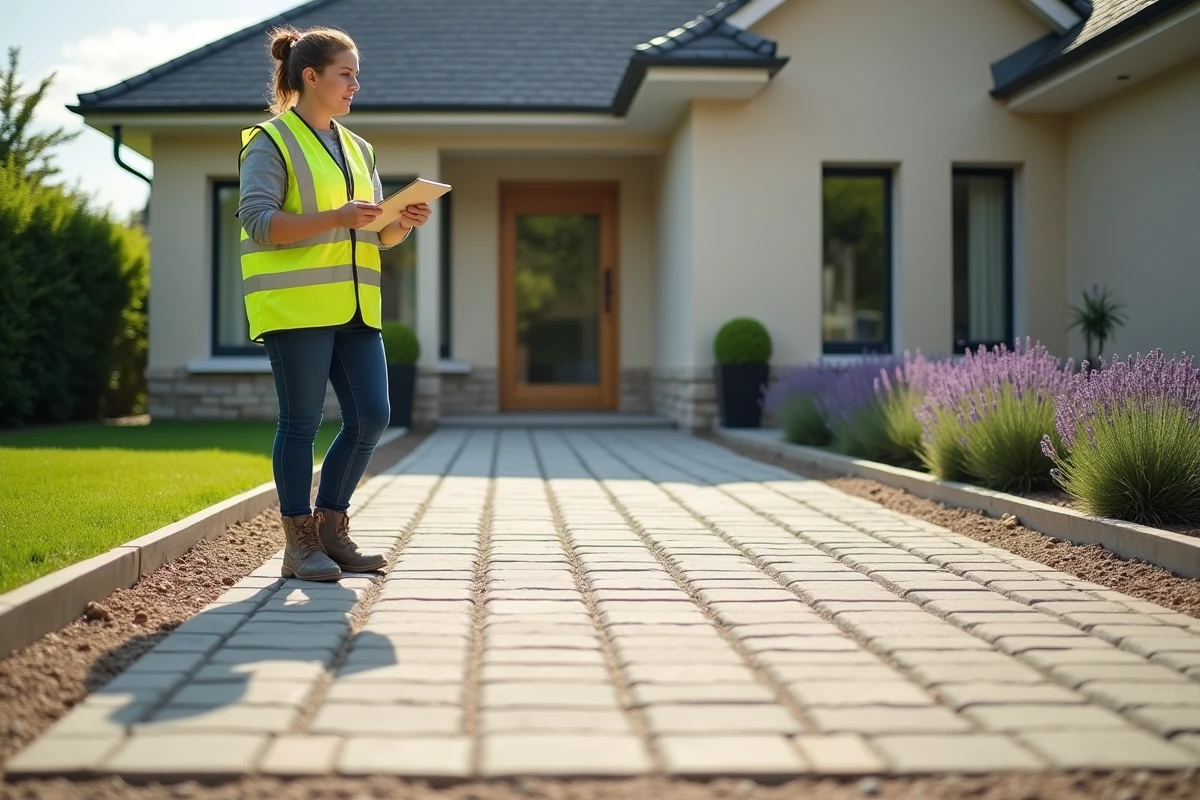 Allée en pavés perméables beige et gris avec joints enherbés devant une maison moderne, entreprise de pose présentant le chantier