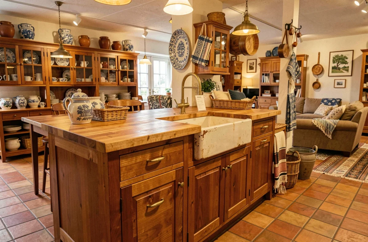 Cuisine traditionnelle en bois massif exposée chez Ameublement Menguy dans le Finistère