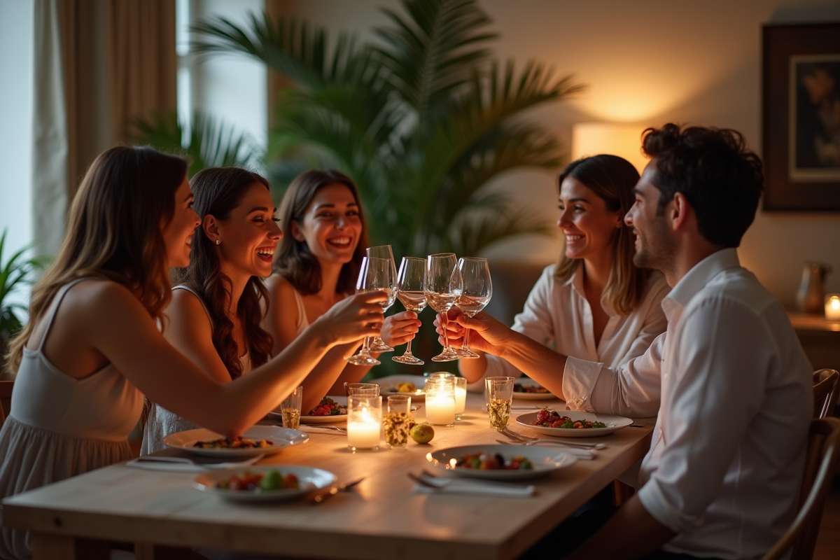 Groupe d'amis riant lors d'un dîner convivial