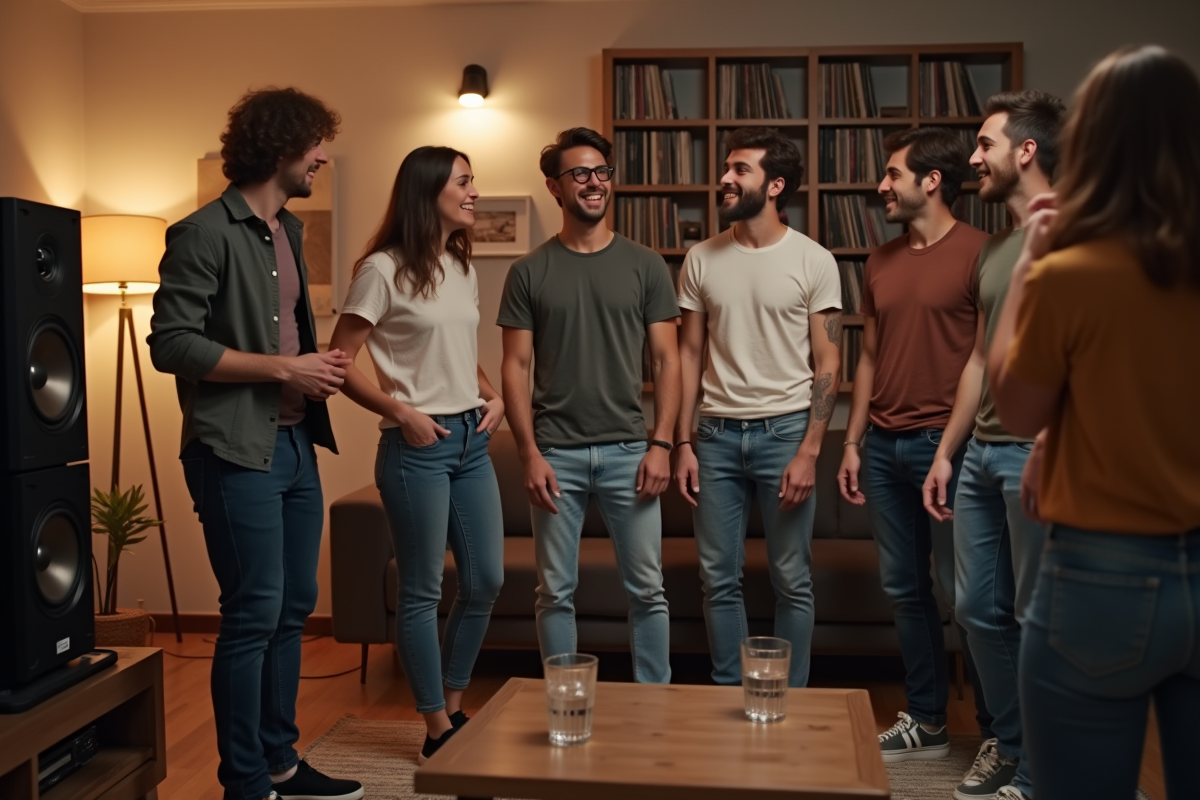 Groupe d'amis lors d'une soirée musique à la maison