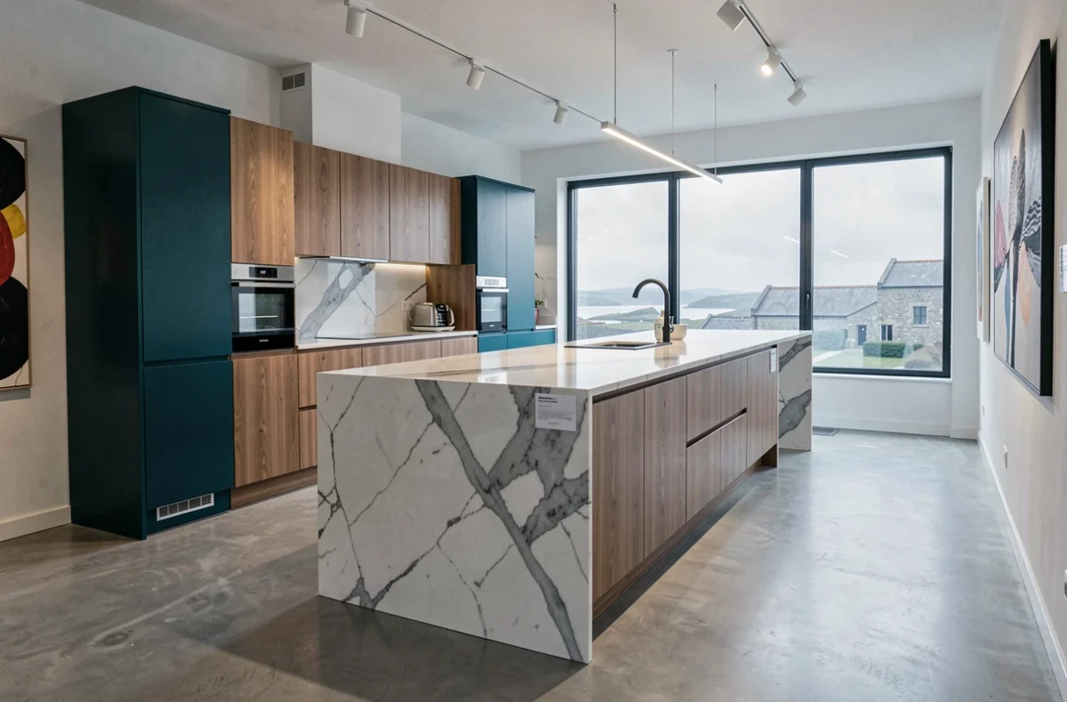 Cuisine design bicolore teal et noyer réalisée par Antipodes dans le Finistère
