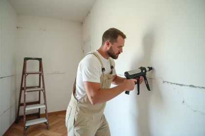 Artisan appliquant un joint acrylique blanc sur un angle mur-plafond avant peinture dans une pièce en cours de rénovation