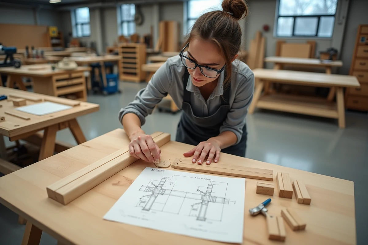 Jeune femme apprentie menuisière étudiant un assemblage tenon et mortaise démontée sur un établi d'école d'ébénisterie