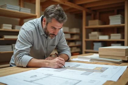 Architecte calculant la résistance thermique d'une isolation en fibre de bois sur des plans techniques