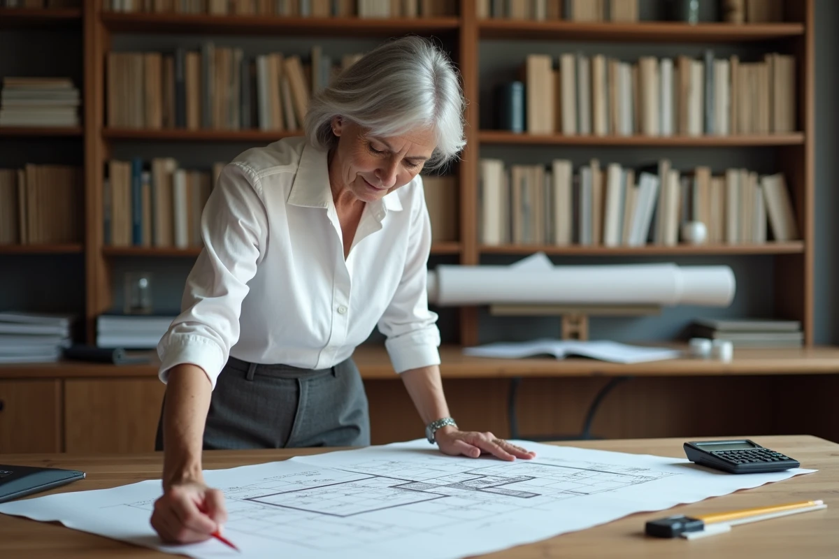 Architecte calculant des surfaces sur un plan à la main avec règle et calculatrice sur un bureau professionnel
