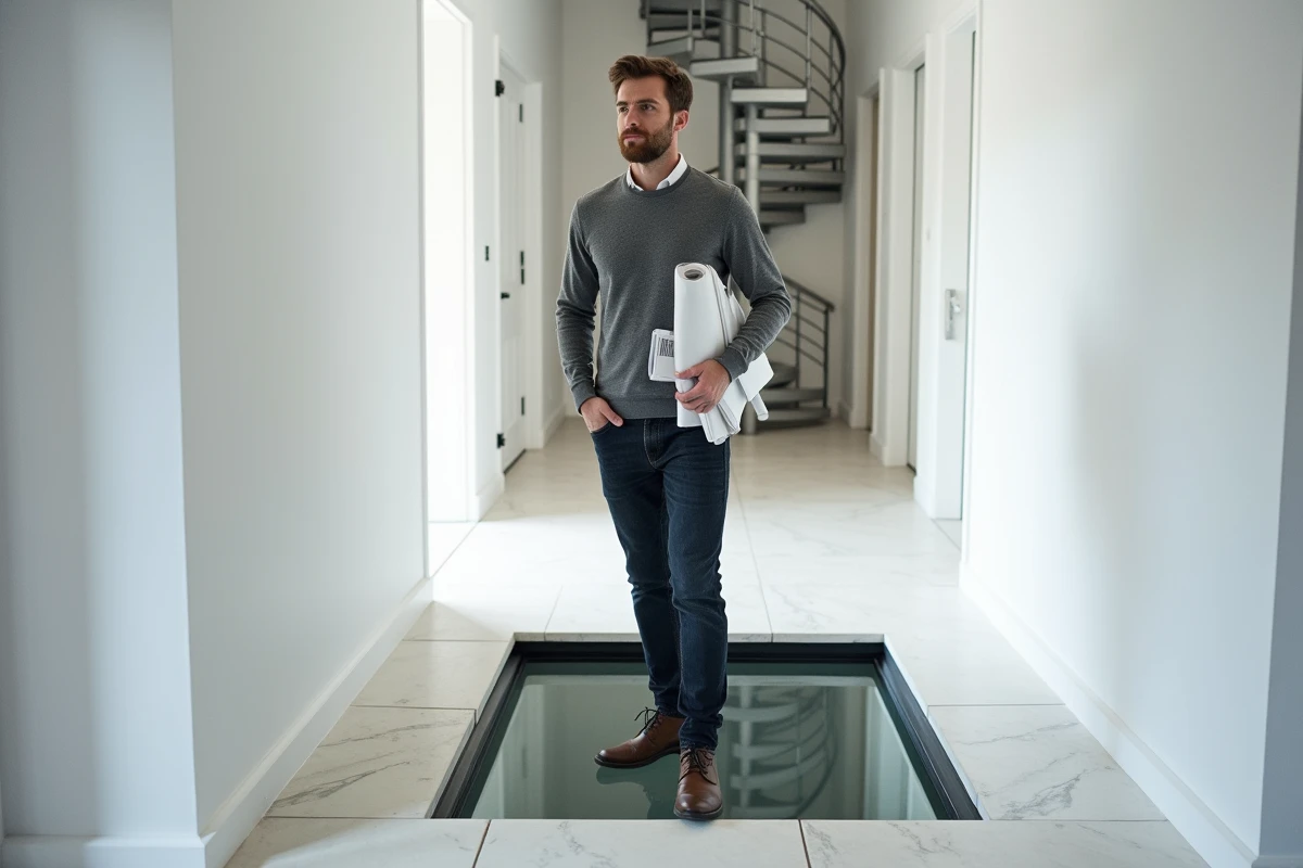 Architecte debout sur une trappe en verre design dans un hall d'entrée contemporain avec escalier en colimaçon visible dans la cave en dessous