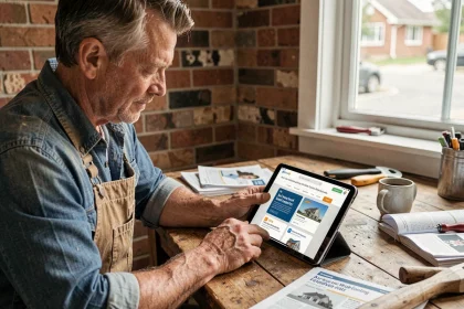 Artisan consultant un comparateur de devis en ligne sur une tablette posée sur une table en bois rustique dans un intérieur de maison