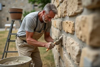Artisan appliquant un enduit chaux sable traditionnel sur un mur en pierre de taille lors d'une rénovation écologique