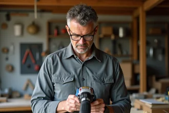 Artisan examinant une perceuse électrique Erbauer avec un regard critique dans un atelier de bricolage