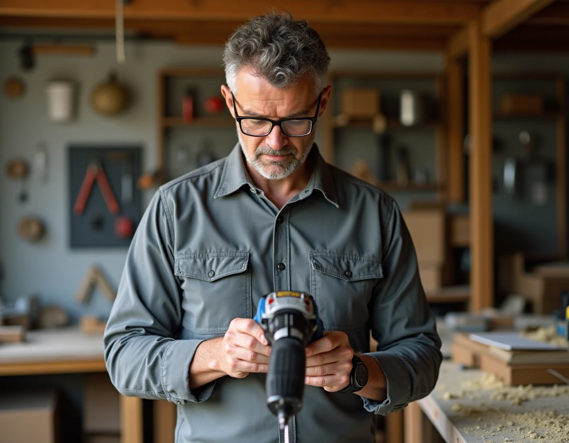 Artisan examinant une perceuse électrique Erbauer avec un regard critique dans un atelier de bricolage