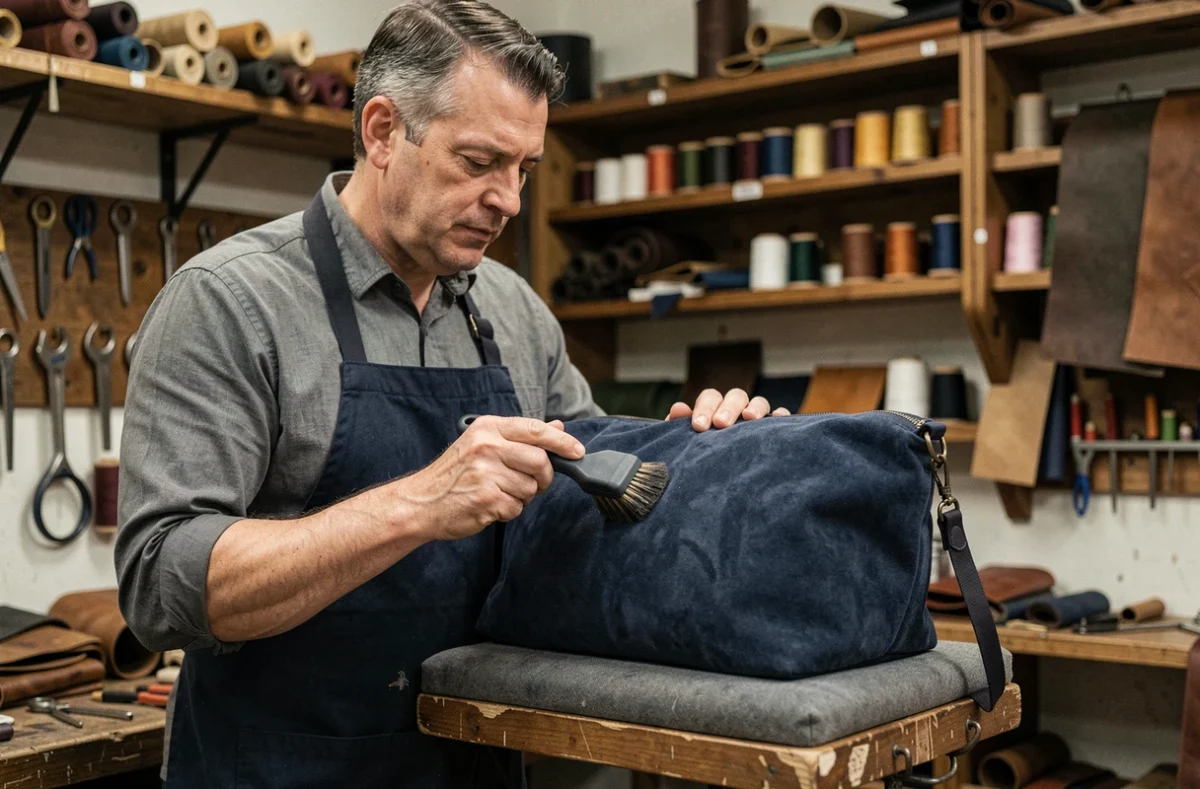 Artisan spécialisé en maroquinerie brossant délicatement un sac de luxe en daim bleu marine dans son atelier