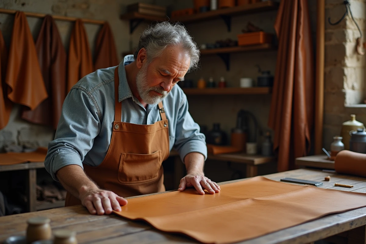 Artisan tanneur inspectant une peau de cuir aniline dans un atelier traditionnel, entouré d'outils et de peaux suspendues