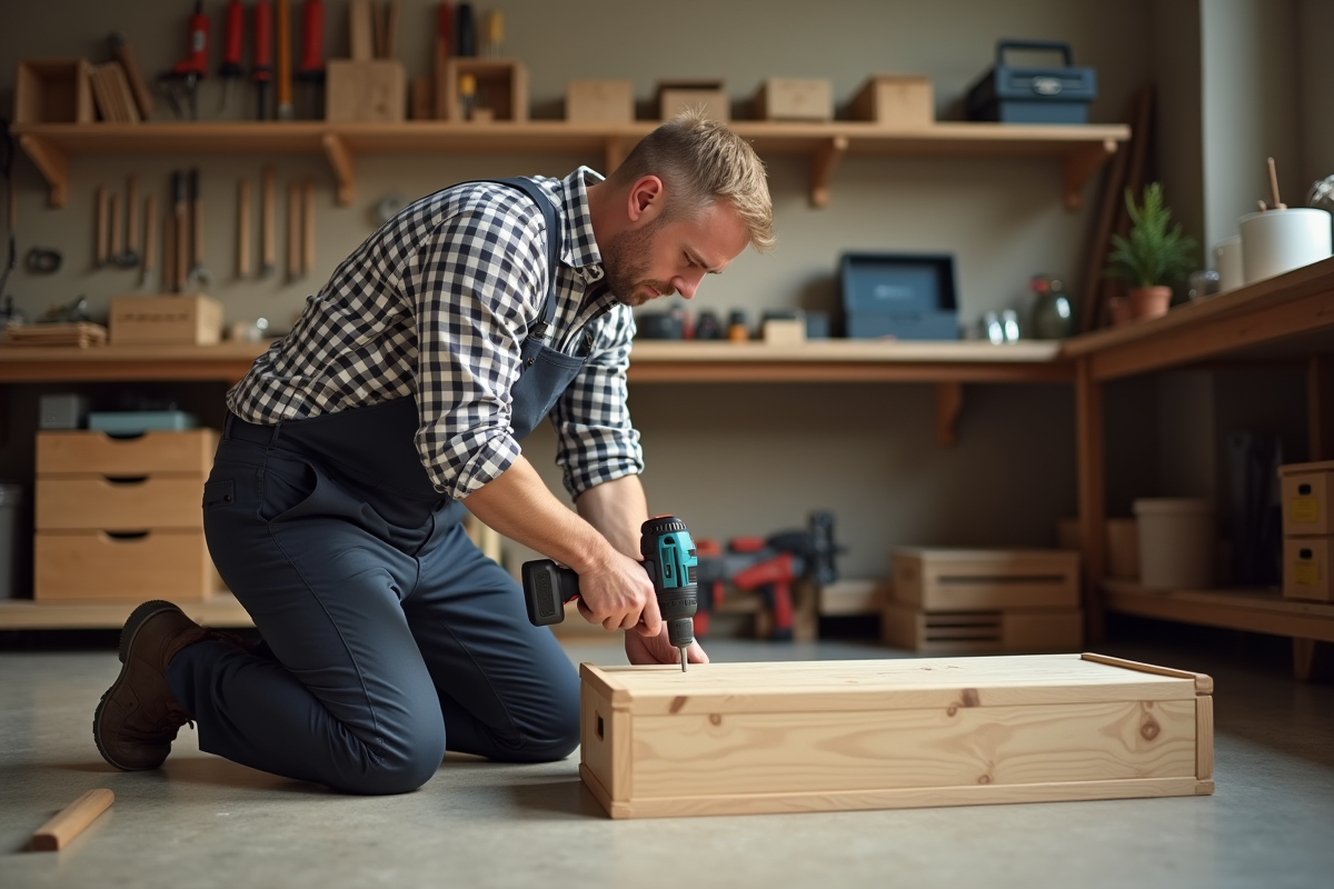 Homme moyen âge assemble une étagère en bois dans son atelier