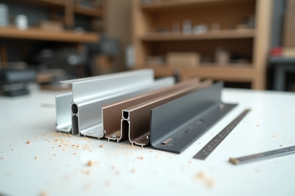 Assortiment de cornières aluminium extérieures en différentes finitions disposées sur un établi d'atelier de menuiserie