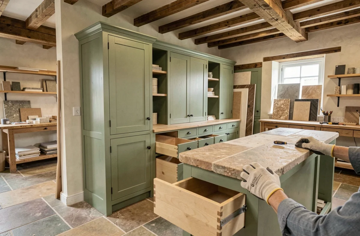 Atelier de fabrication de cuisine artisanale vert sauge des Ateliers Picard dans le Finistère