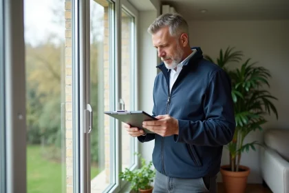 Auditeur energie homme en veste navy pr&egrave;s d'une fen&ecirc;tre moderne