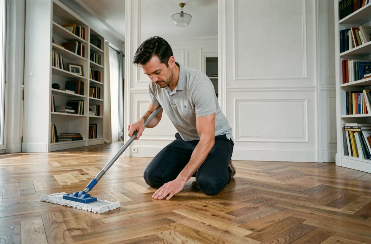 Auto-entrepreneur aide ménagère en train de lustrer un parquet dans un appartement parisien