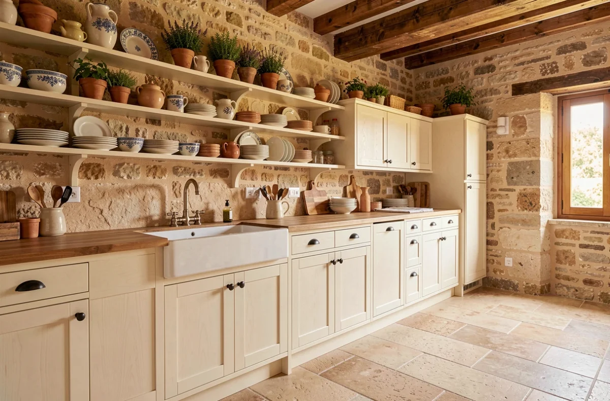 Cuisine de style provençal en bois massif avec étagères ouvertes réalisée par Bliard, cuisiniste à Vennecy