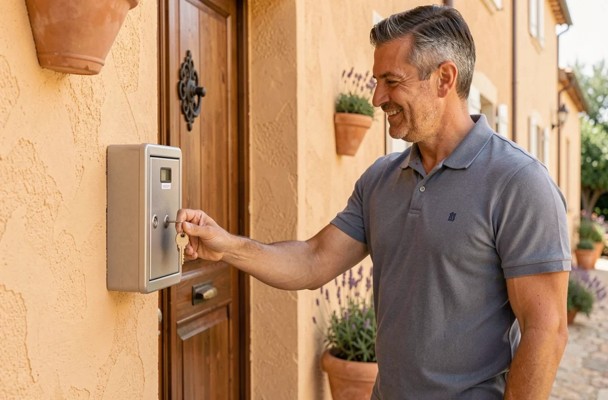 Homme récupérant une clé dans une boîte à clé à code fixée à l'entrée d'un appartement de vacances en Provence