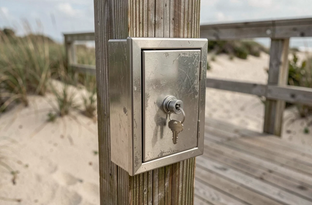 Boîte à clé à code en inox fixée sur un poteau en bois à l'entrée d'un logement de vacances en bord de mer