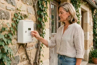 Femme utilisant une boîte à clé à code sur le mur en pierre d'une maison de vacances