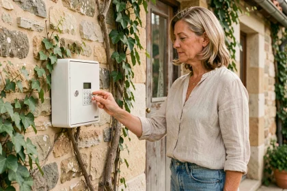 Femme utilisant une boîte à clé à code sur le mur en pierre d'une maison de vacances