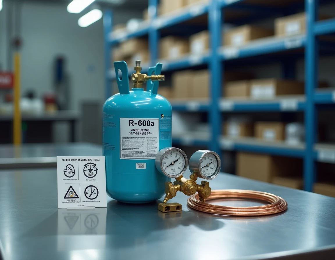 Bonbonne de réfrigérant R-600a, manomètres et tubes en cuivre sur un établi inox illustrant l'évolution des gaz frigorigènes
