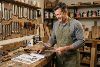 Bricoleur en tablier consultant un magazine de bricolage dans son atelier équipé d'outils