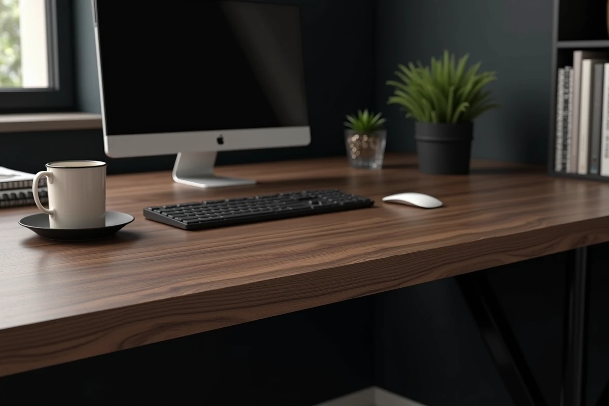 Gros plan sur un bureau d'angle en noyer avec double écran et accessoires organisés