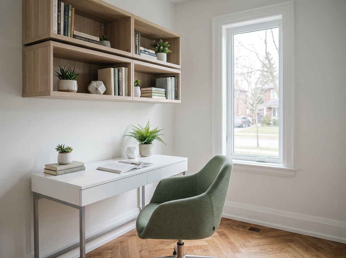 Coin bureau contemporain à domicile avec bureau laqué blanc, chaise ergonomique vert sauge et étagères modulables en frêne sur parquet en chevrons