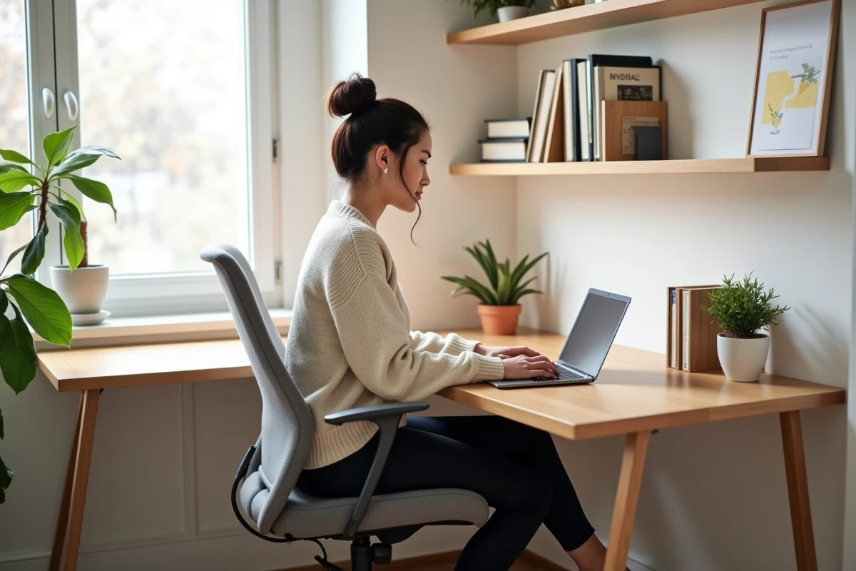 Bureau à domicile aménagé avec un meuble d'angle en bois clair dans un intérieur scandinave