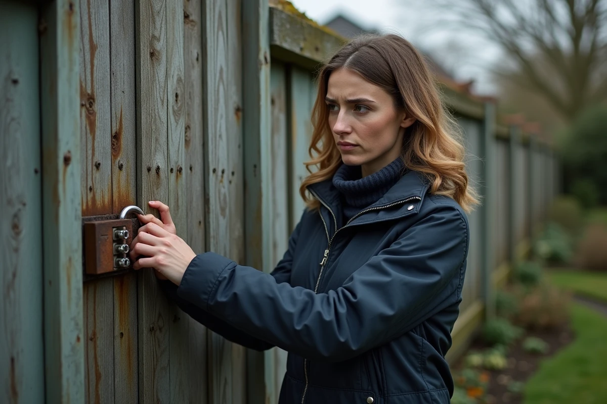 Femme inspectant un vieux cadenas à combinaison rouillé sur un portail en bois, signe d'un cadenas à remplacer