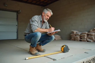 Homme calculant les mesures au sol d'un garage vide avant la pose d'une chape mortier