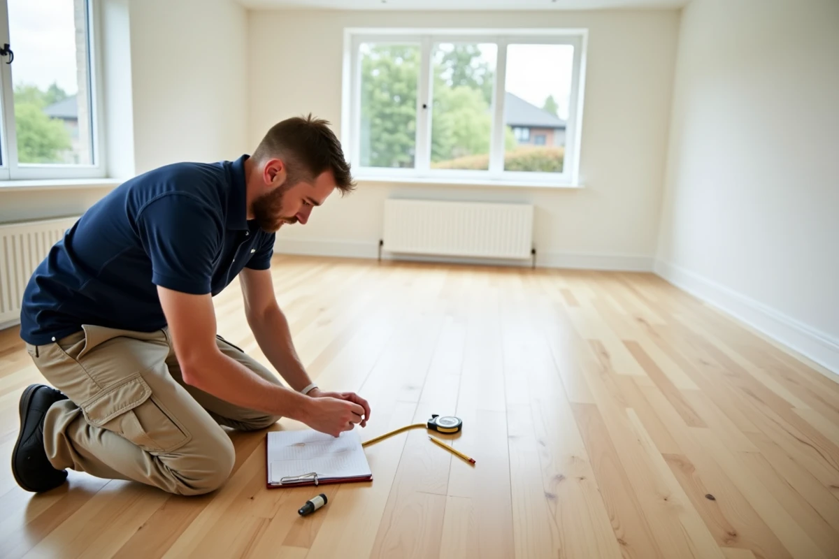 Homme calculant la surface au sol d'un parquet en prenant des mesures dans un salon vide