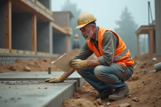 Ouvrier du bâtiment calculant le volume de béton nécessaire sur un chantier de construction résidentiel