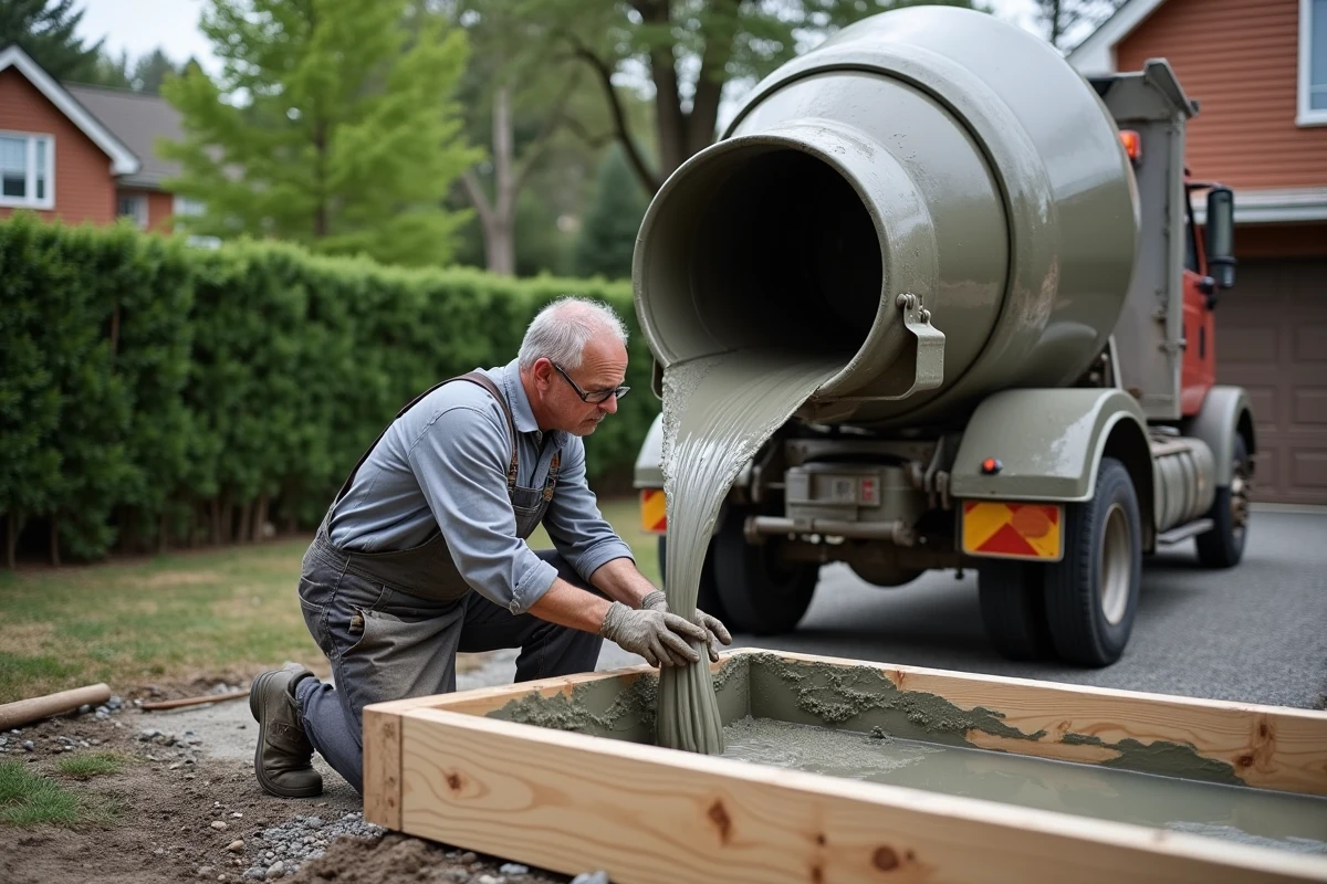 Camion toupie déversant du béton dans un coffrage pour une allée résidentielle avec contrôle du volume
