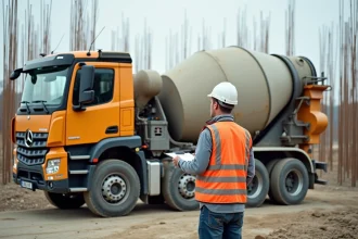 Camion toupie de béton prêt (m3) sur un chantier de construction en France avec un ouvrier consultant un devis
