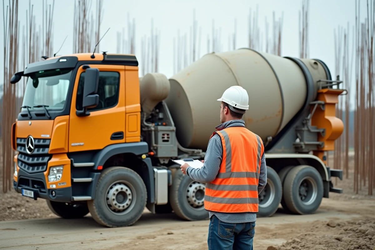 Camion toupie de béton prêt (m3) sur un chantier de construction en France avec un ouvrier consultant un devis