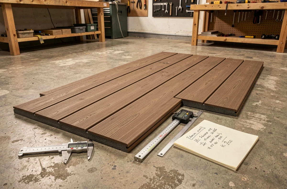 Carrelages de terrasse et outils de mesure disposés sur le sol d'un atelier pour illustrer les contraintes techniques de dimensions et de poids