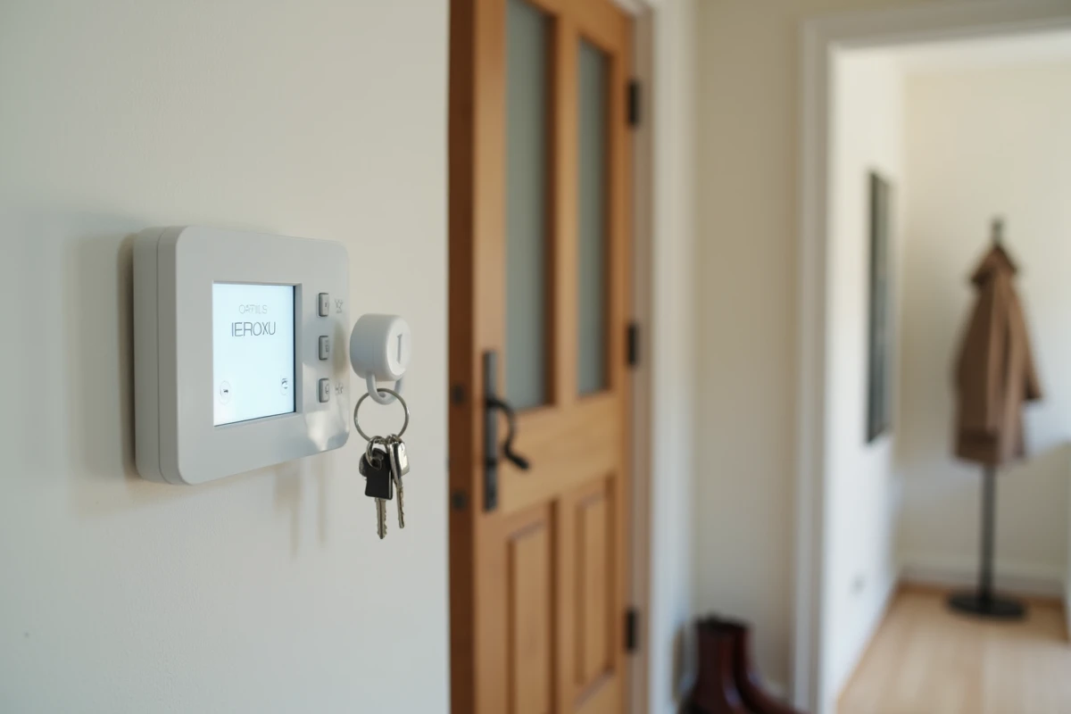 Centrale d'alarme connectée Homiris installée dans l'entrée d'une maison individuelle